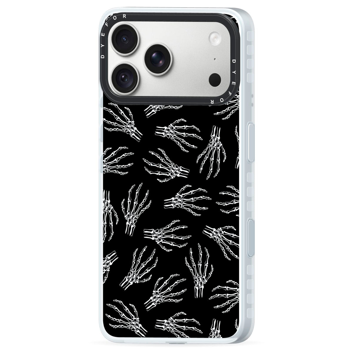 Skeleton Hands iPhone 18 Pro Black Impact Pre order Case Side Angle on Silver phone