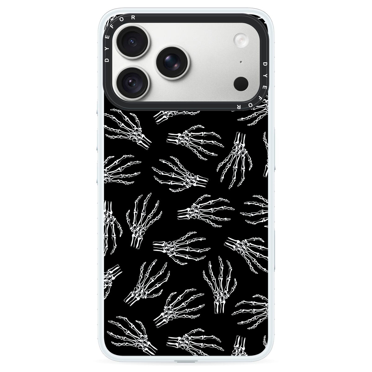 Skeleton Hands iPhone 18 Pro Black Impact Pre order Case on Silver phone