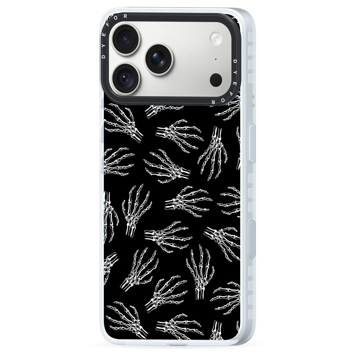 Skeleton Hands iPhone 18 Pro Max Black Impact Pre order Case Side Angle on Silver phone