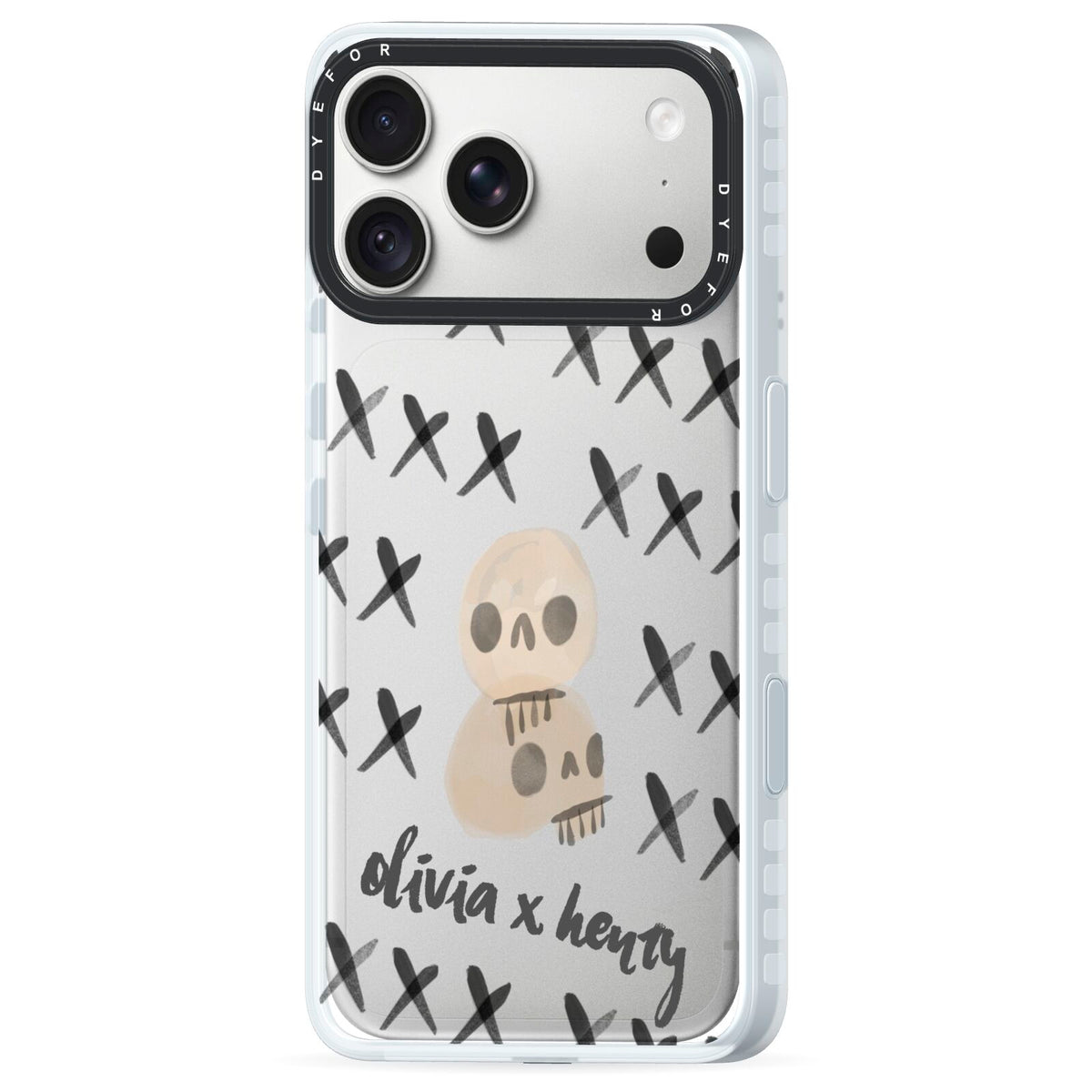 Skulls and Kisses Personalised iPhone 18 Pro Black Impact Pre order Case Side Angle on Silver phone