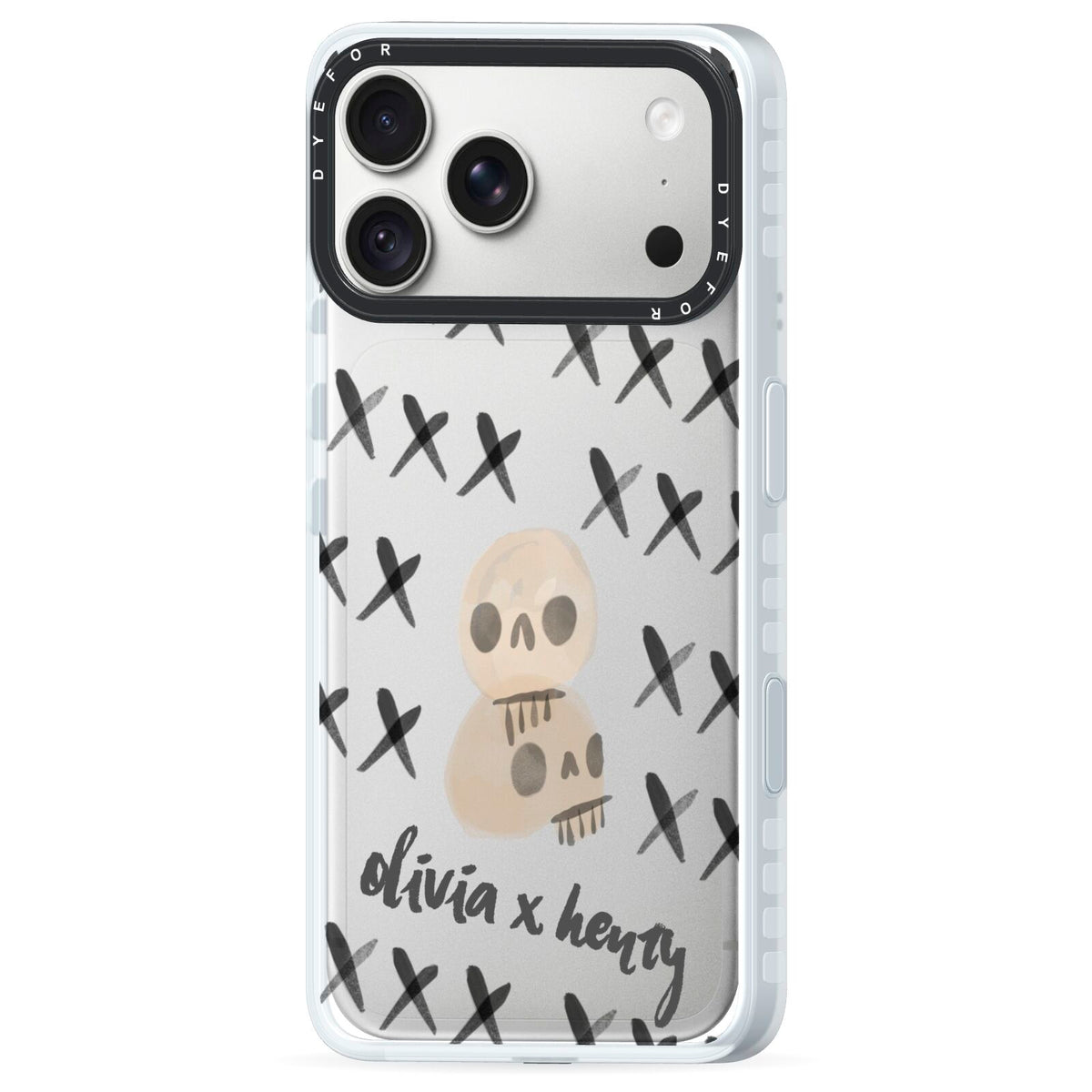 Skulls and Kisses Personalised iPhone 18 Pro Max Black Impact Pre order Case Side Angle on Silver phone
