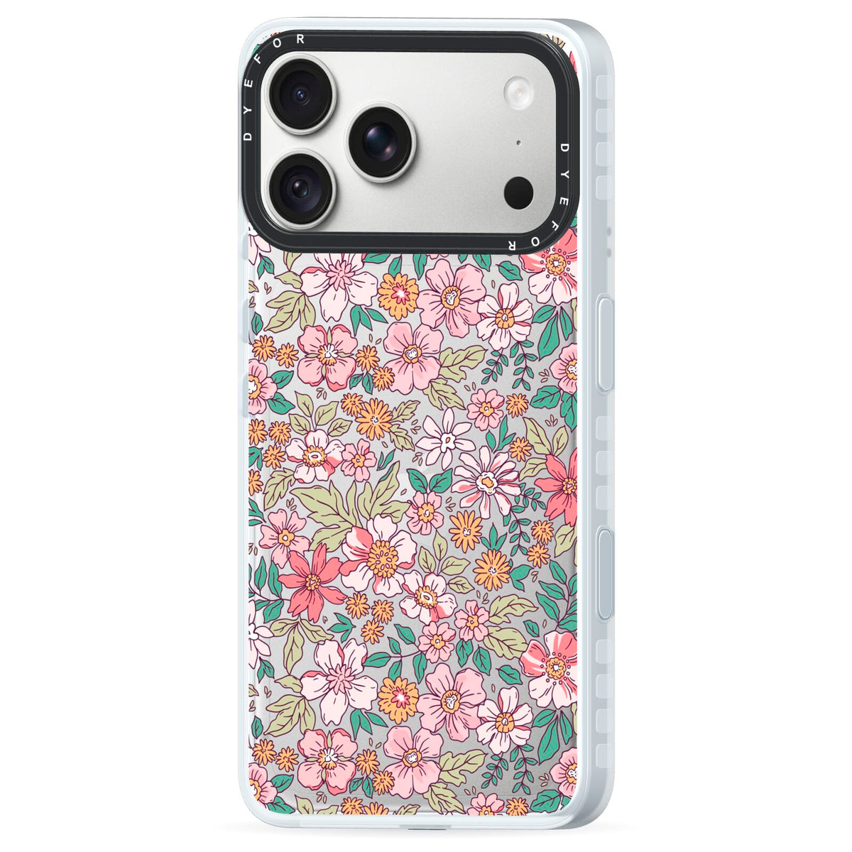 Small Floral Pattern iPhone 18 Pro Black Impact Pre order Case Side Angle on Silver phone