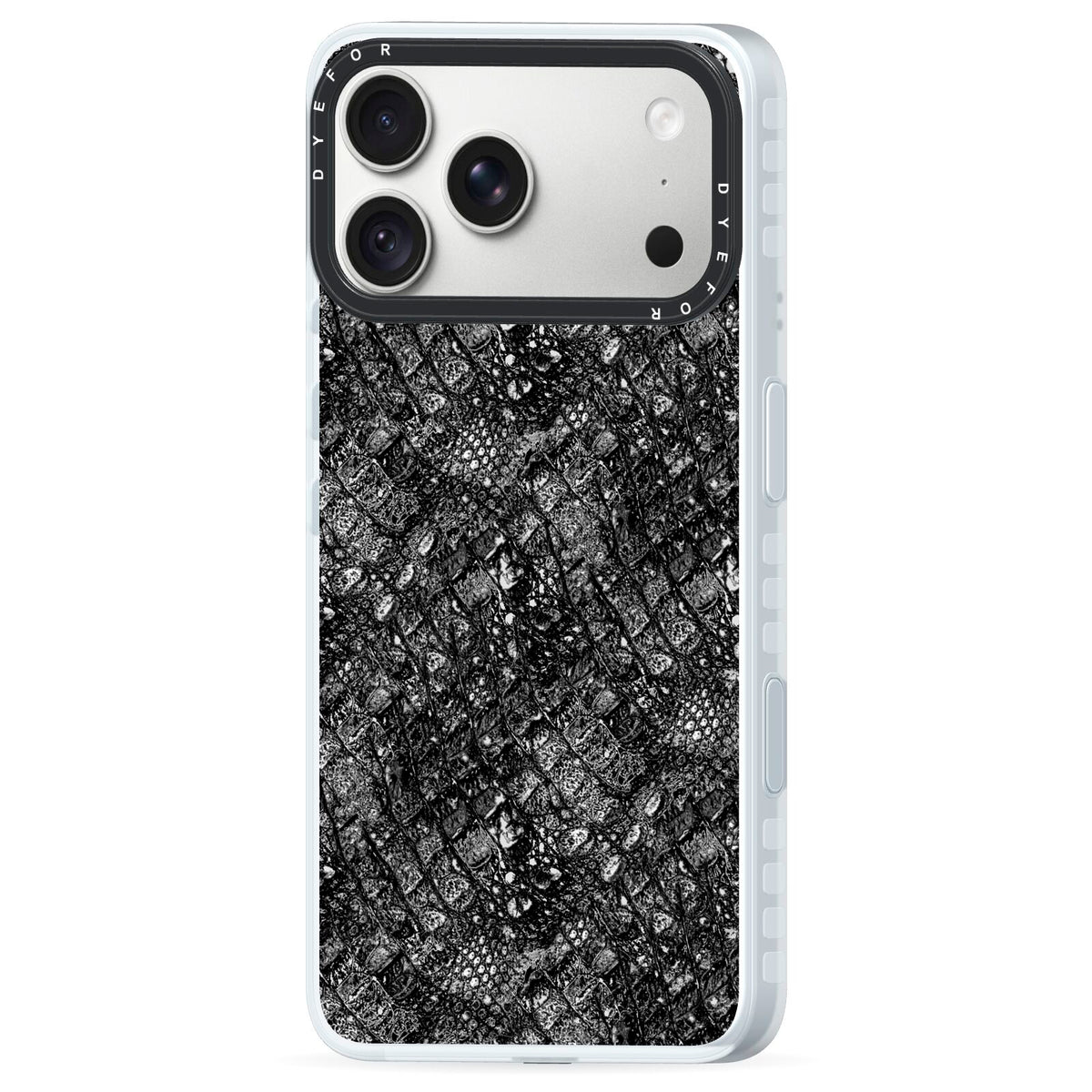 Snakeskin Design iPhone 18 Pro Max Black Impact Pre order Case Side Angle on Silver phone