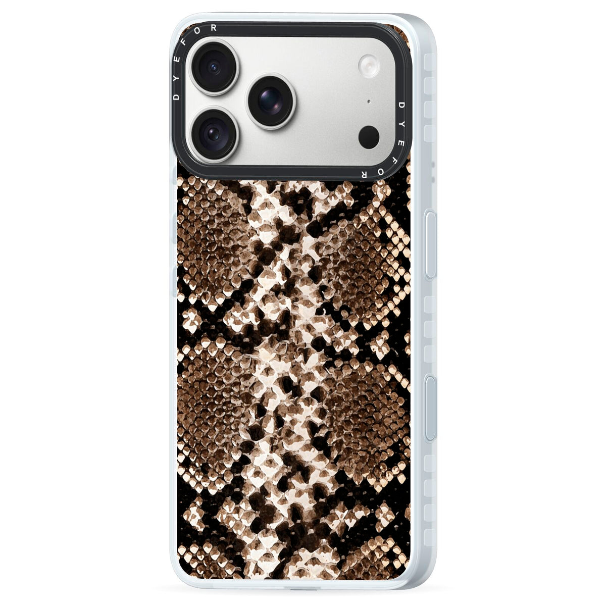 Snakeskin Pattern iPhone 18 Pro Black Impact Pre order Case Side Angle on Silver phone