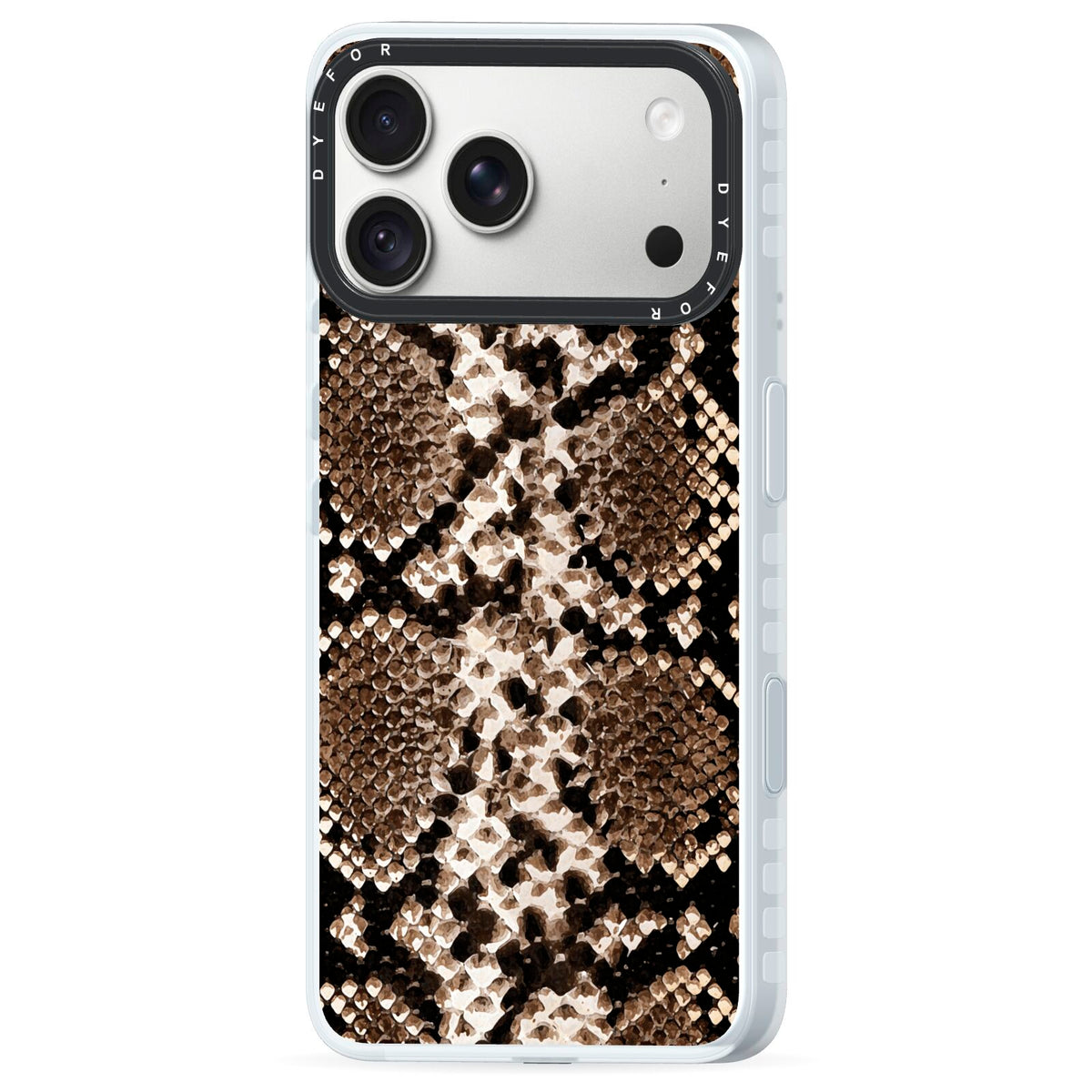 Snakeskin Pattern iPhone 18 Pro Max Black Impact Pre order Case Side Angle on Silver phone
