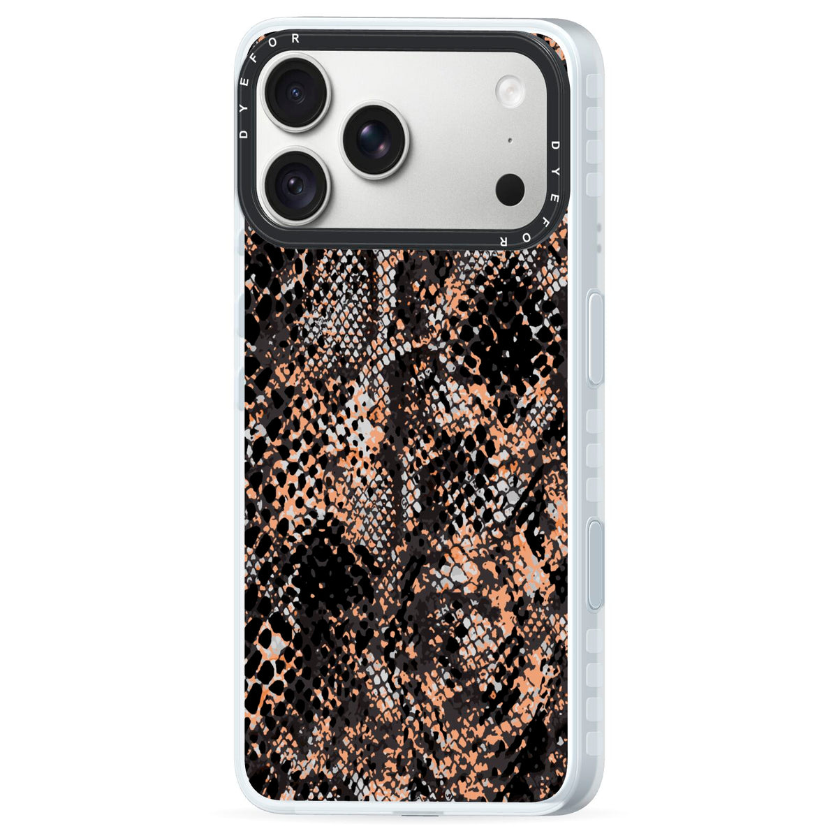 Snakeskin Print iPhone 18 Pro Black Impact Pre order Case Side Angle on Silver phone
