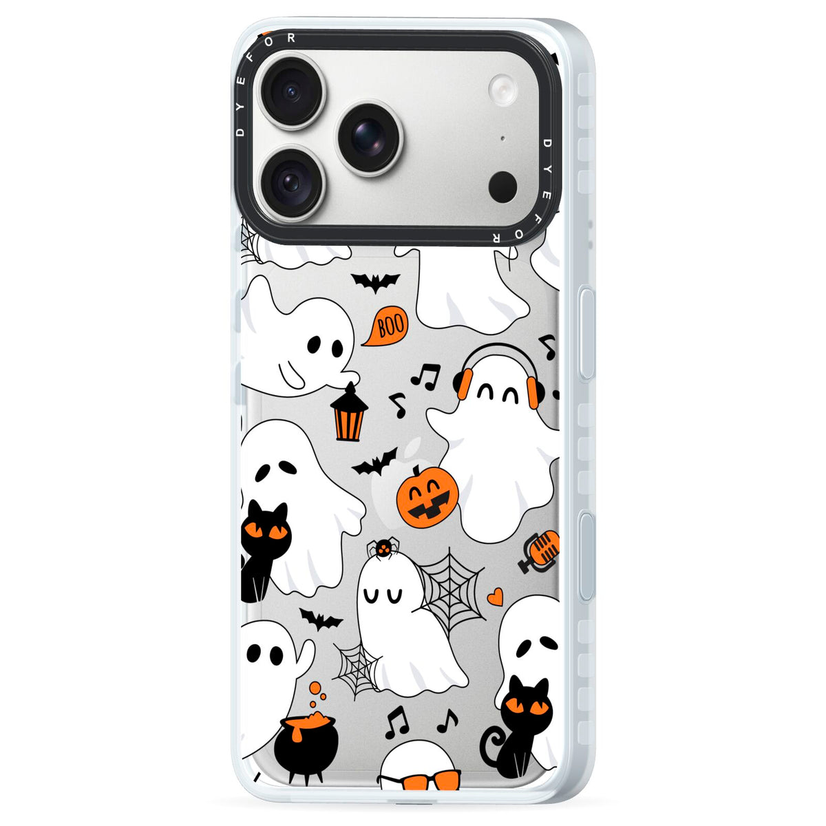 Spooky Halloween Ghost iPhone 18 Pro Black Impact Pre order Case Side Angle on Silver phone