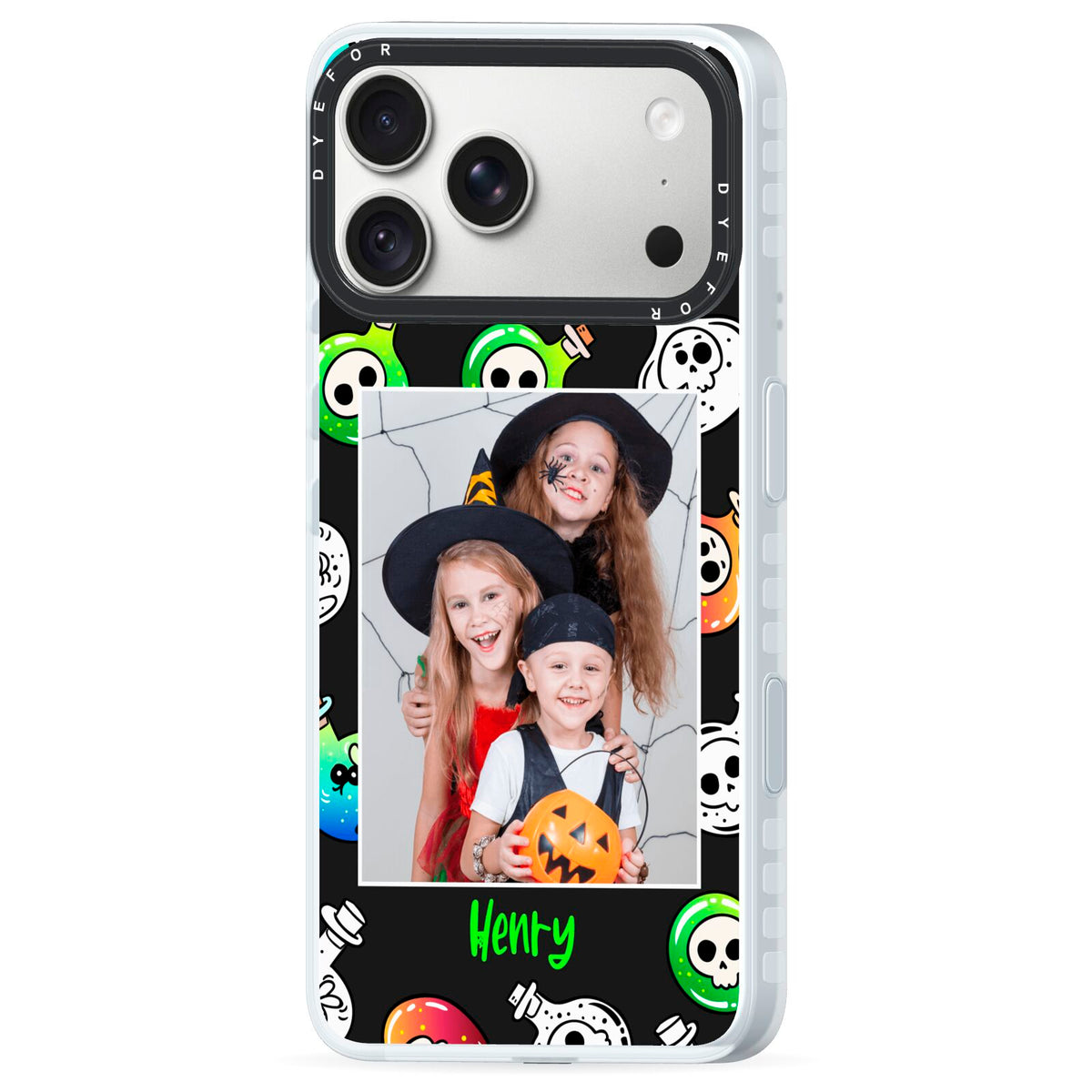 Spooky Potions Halloween Photo Upload iPhone 18 Pro Max Black Impact Pre order Case Side Angle on Silver phone