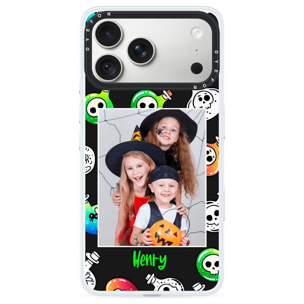 Spooky Potions Halloween Photo Upload iPhone 18 Pro Max Black Impact Pre order Case on Silver phone