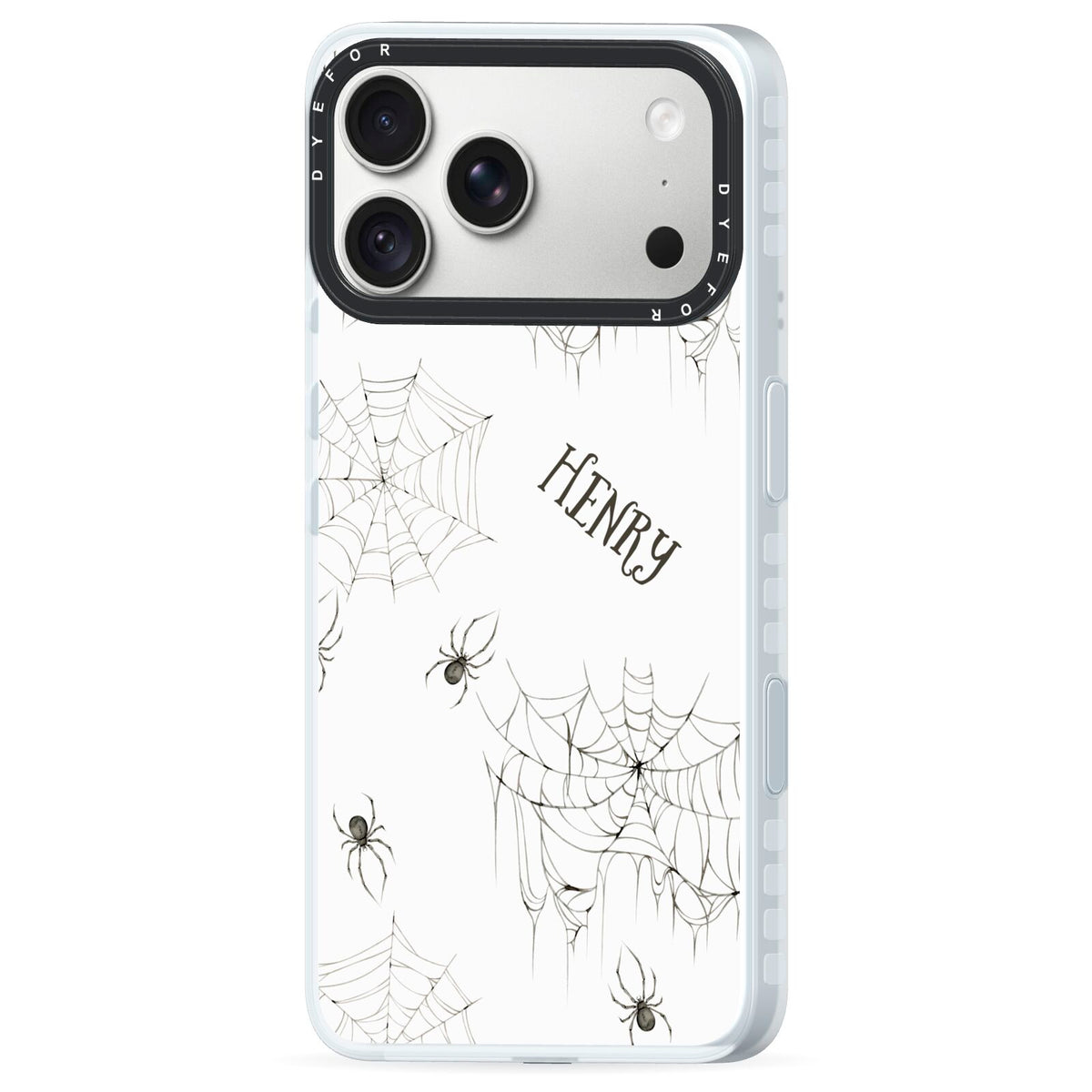 Spooky Spiders Webs Personalised iPhone 18 Pro Black Impact Pre order Case Side Angle on Silver phone
