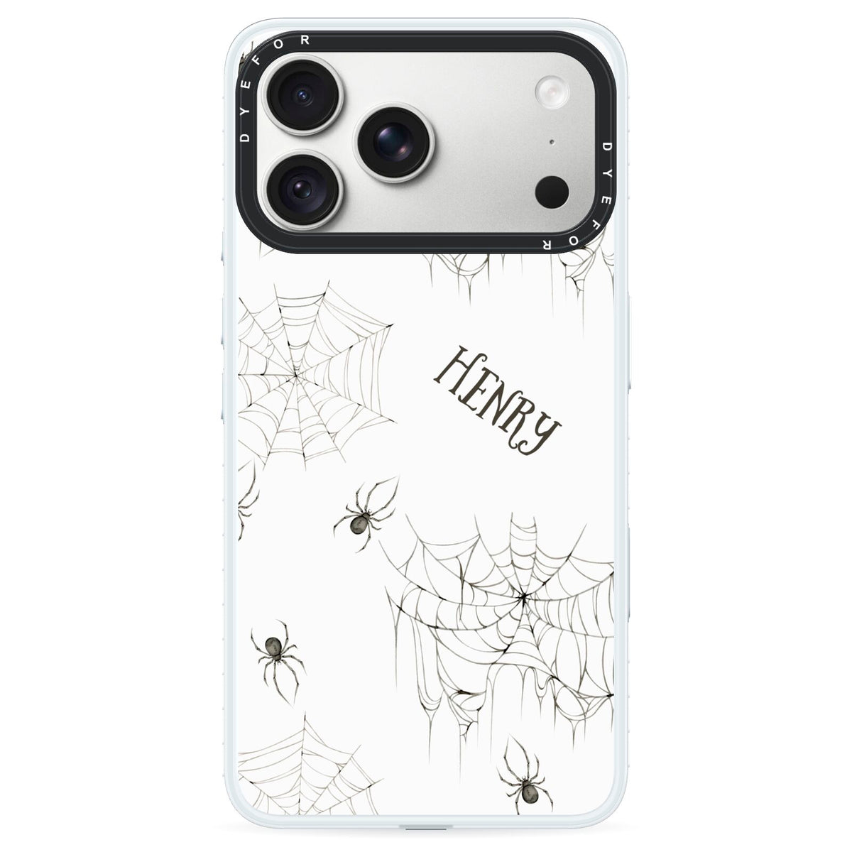 Spooky Spiders Webs Personalised iPhone 18 Pro Black Impact Pre order Case on Silver phone