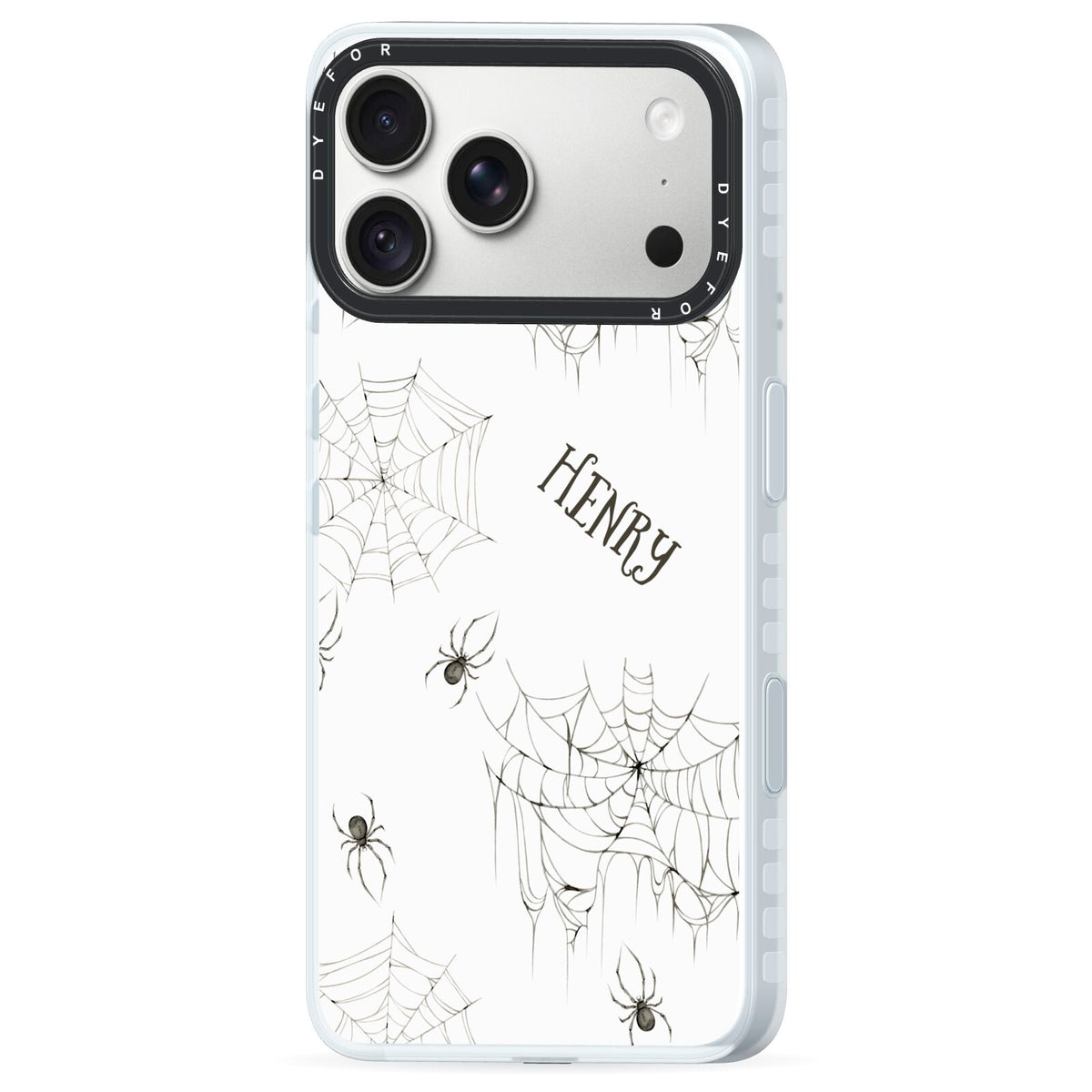 Spooky Spiders Webs Personalised iPhone 18 Pro Max Black Impact Pre order Case Side Angle on Silver phone