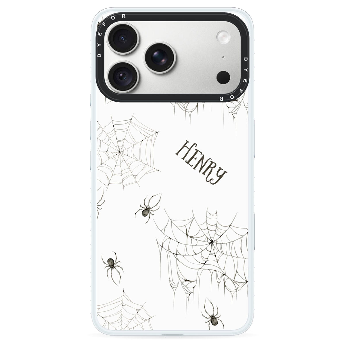 Spooky Spiders Webs Personalised iPhone 18 Pro Max Black Impact Pre order Case on Silver phone
