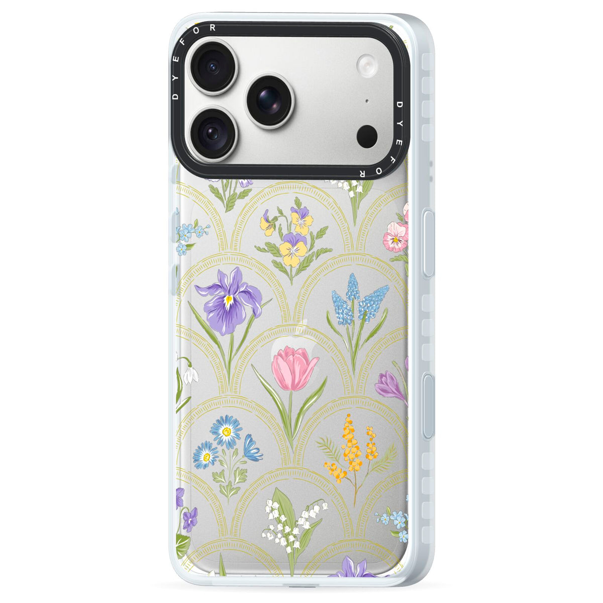 Spring Floral Pattern iPhone 18 Pro Black Impact Pre order Case Side Angle on Silver phone