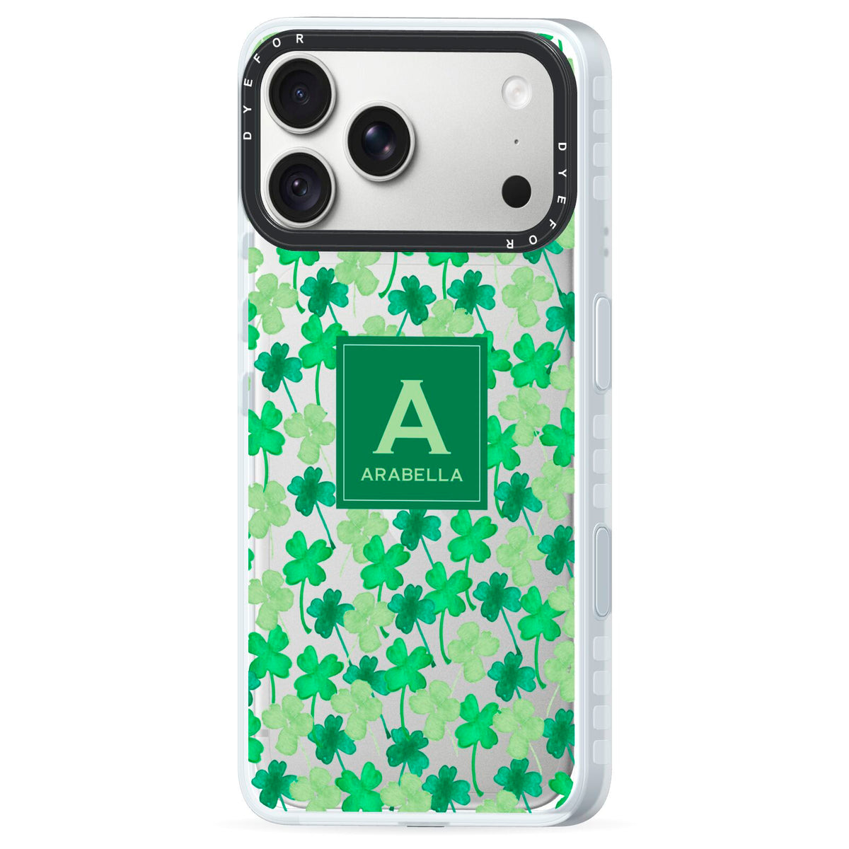 St Patricks Day Monogram iPhone 18 Pro Max Black Impact Pre order Case Side Angle on Silver phone