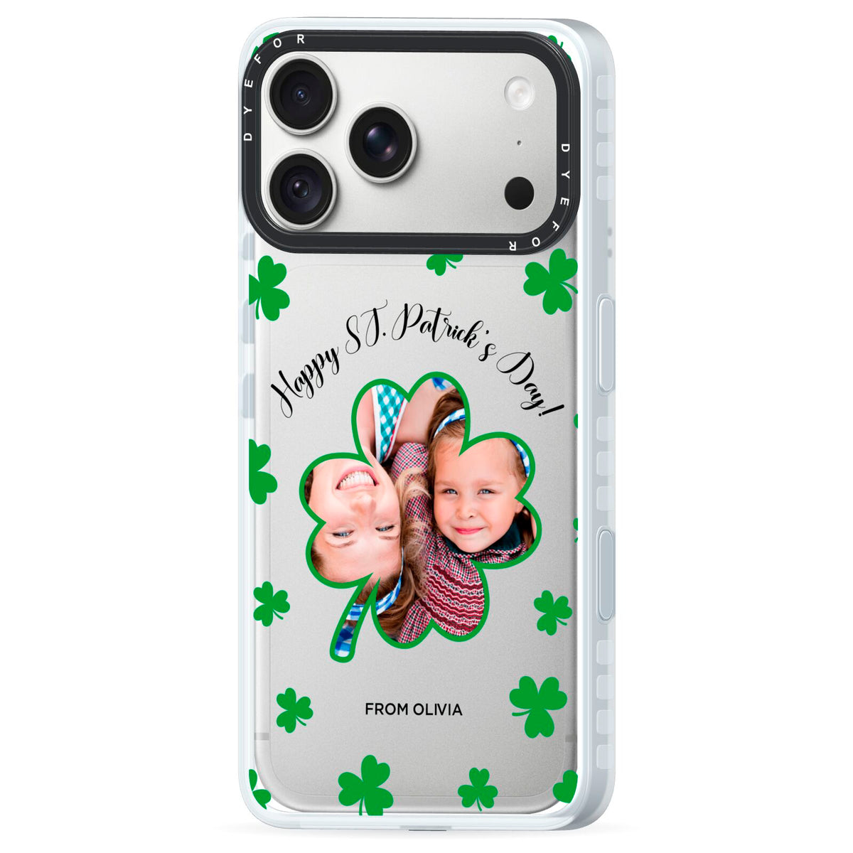 St Patricks Day Photo Upload iPhone 18 Pro Black Impact Pre order Case Side Angle on Silver phone
