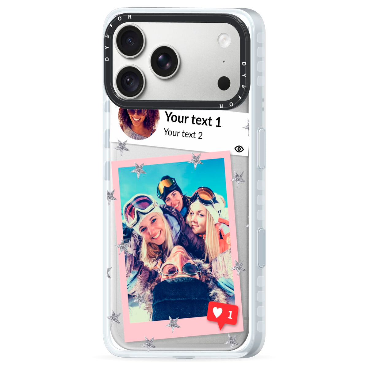 Starry Social Media Photo Montage Upload with Text iPhone 18 Pro Black Impact Pre order Case Side Angle on Silver phone