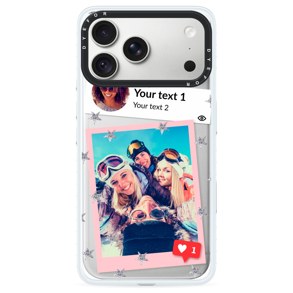 Starry Social Media Photo Montage Upload with Text iPhone 18 Pro Black Impact Pre order Case on Silver phone