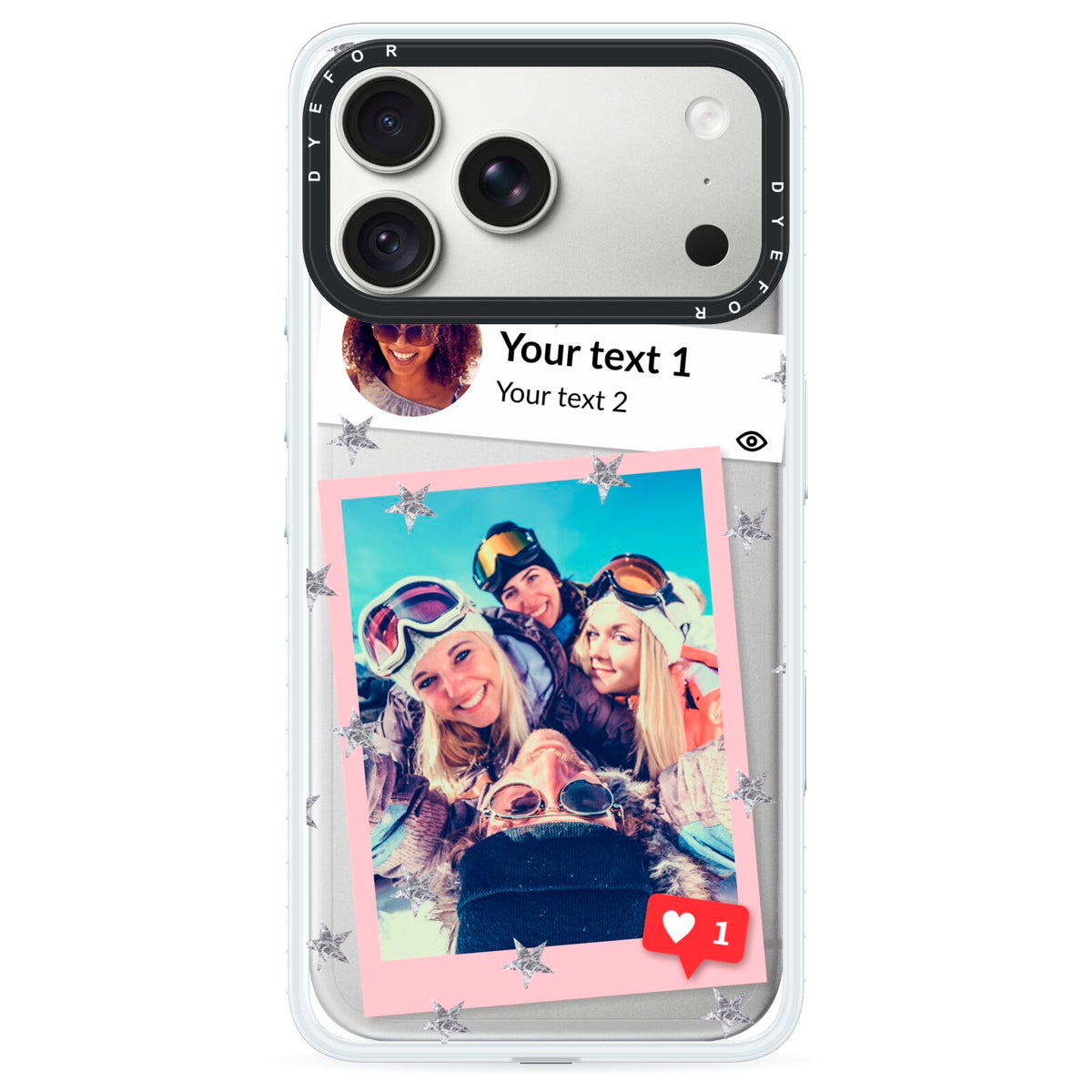 Starry Social Media Photo Montage Upload with Text iPhone 18 Pro Max Black Impact Pre order Case on Silver phone