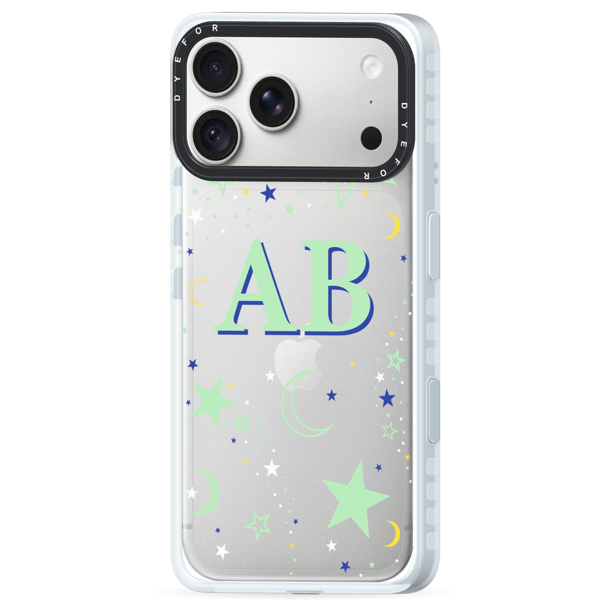 Stars and Moon Personalised iPhone 18 Pro Black Impact Pre order Case Side Angle on Silver phone
