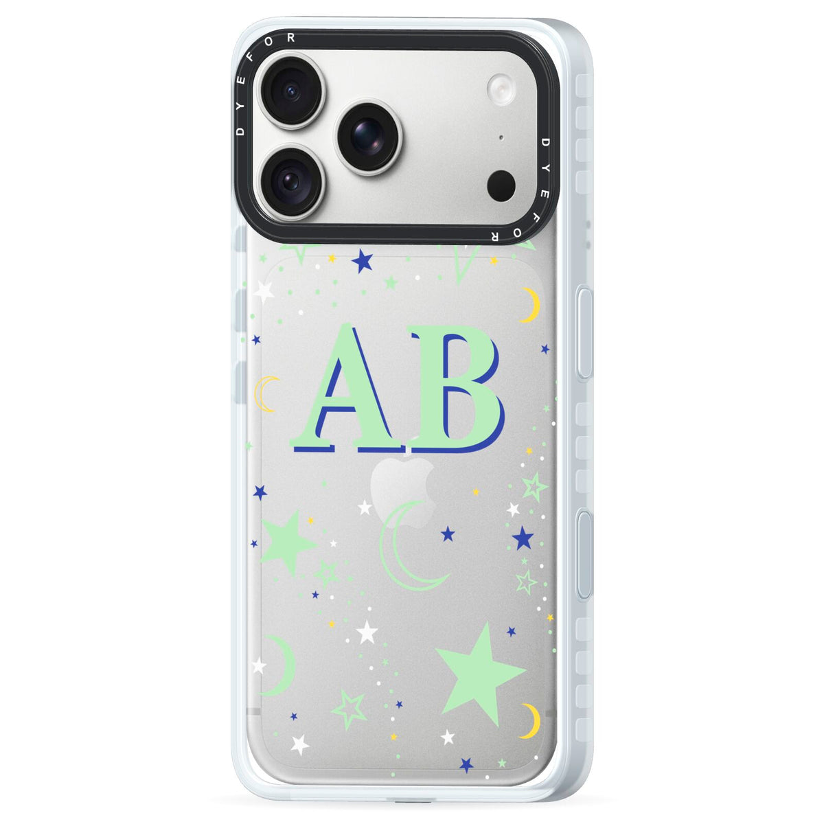 Stars and Moon Personalised iPhone 18 Pro Max Black Impact Pre order Case Side Angle on Silver phone