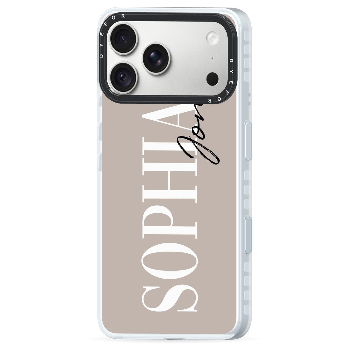 Stone Colour with Personalised Name iPhone 18 Pro Black Impact Pre order Case Side Angle on Silver phone