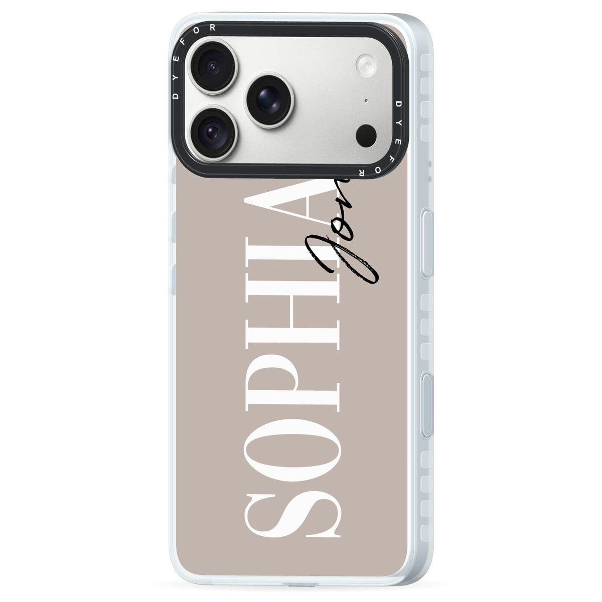 Stone Colour with Personalised Name iPhone 18 Pro Max Black Impact Pre order Case Side Angle on Silver phone