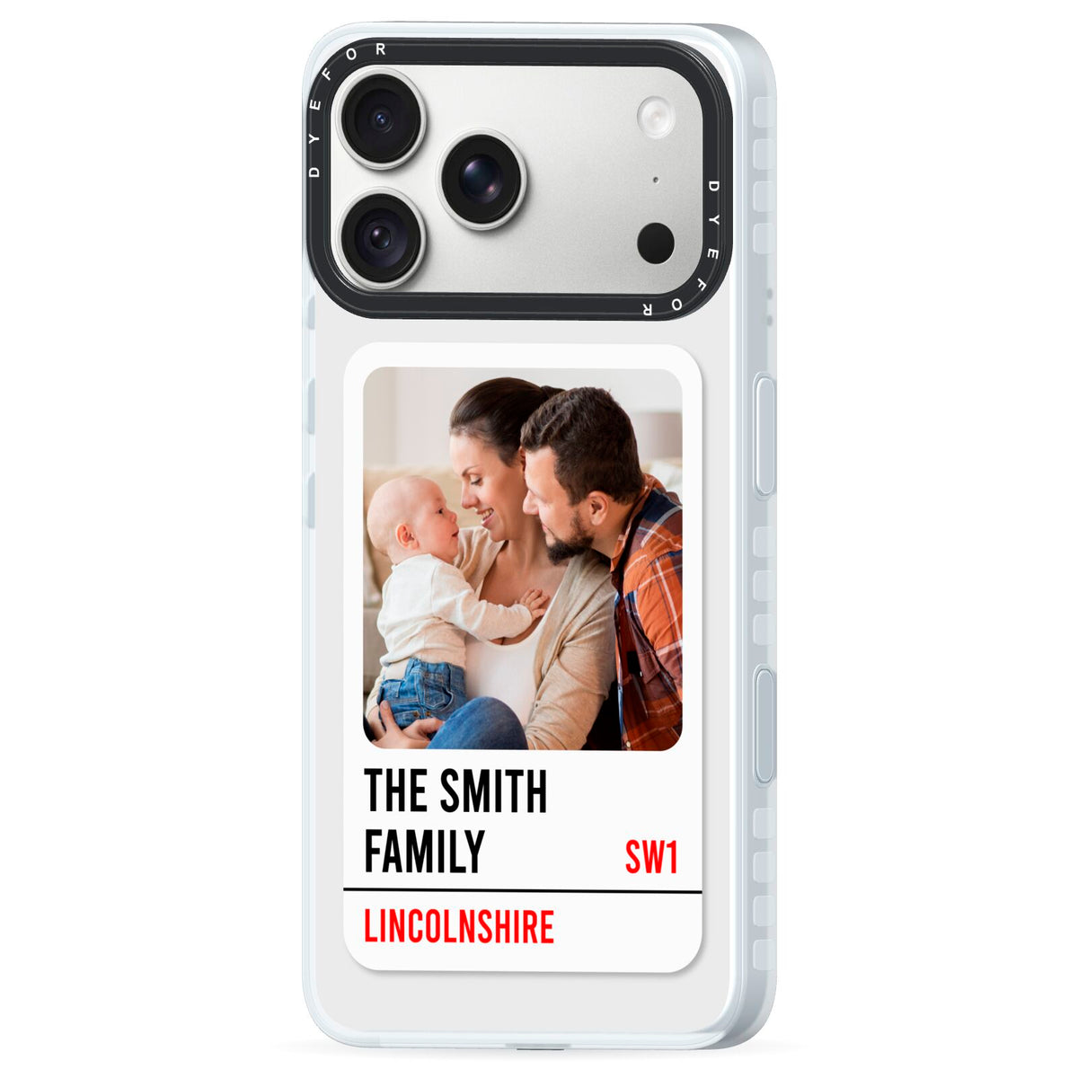 Street Sign Family Photo Upload iPhone 18 Pro Max Black Impact Pre order Case Side Angle on Silver phone