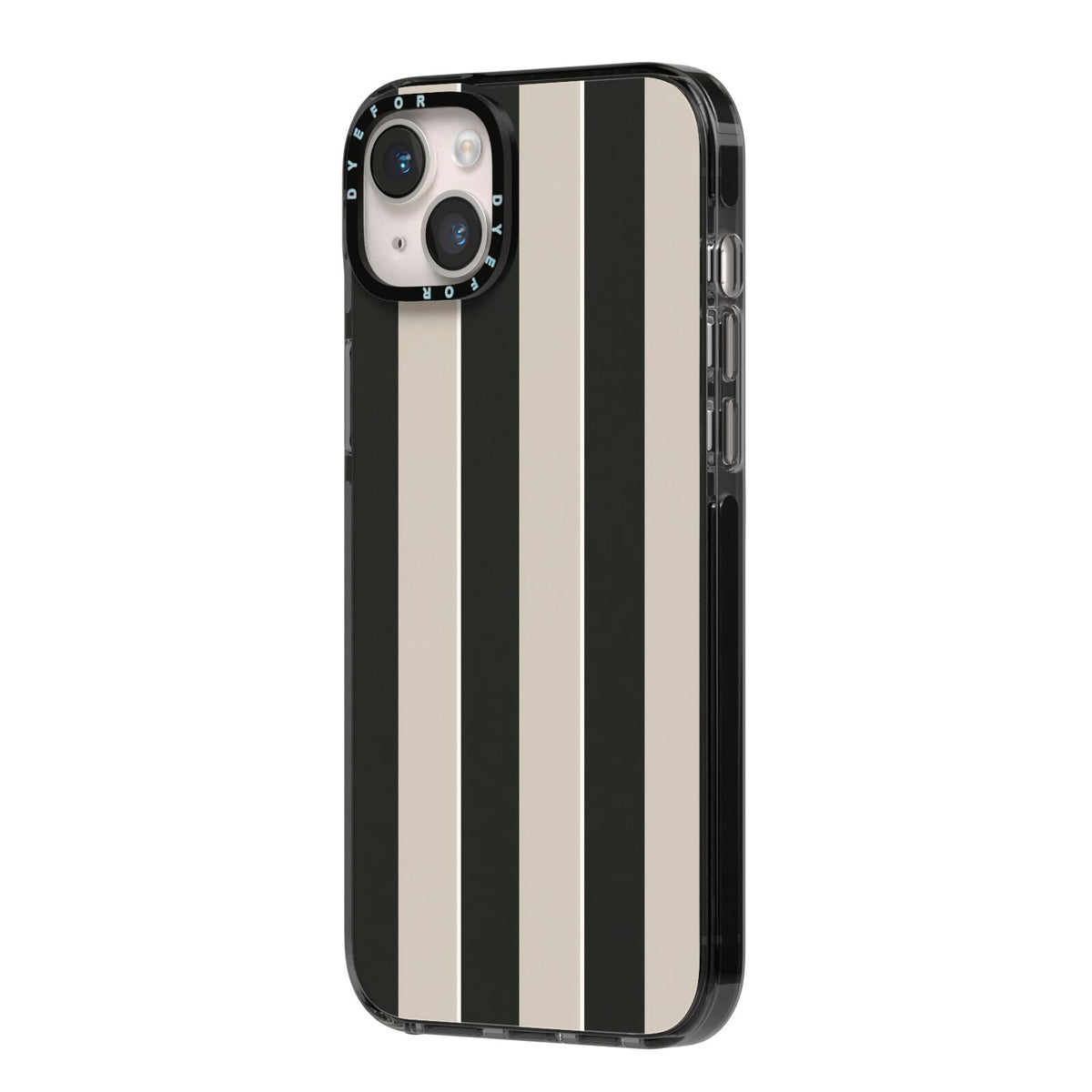 Studio Stripe iPhone 14 Plus Black Impact Case Side Angle on Silver phone