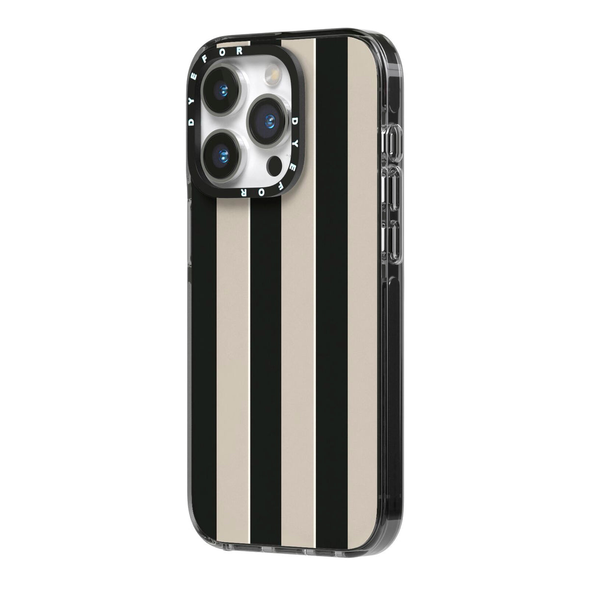 Studio Stripe iPhone 14 Pro Black Impact Case Side Angle on Silver phone