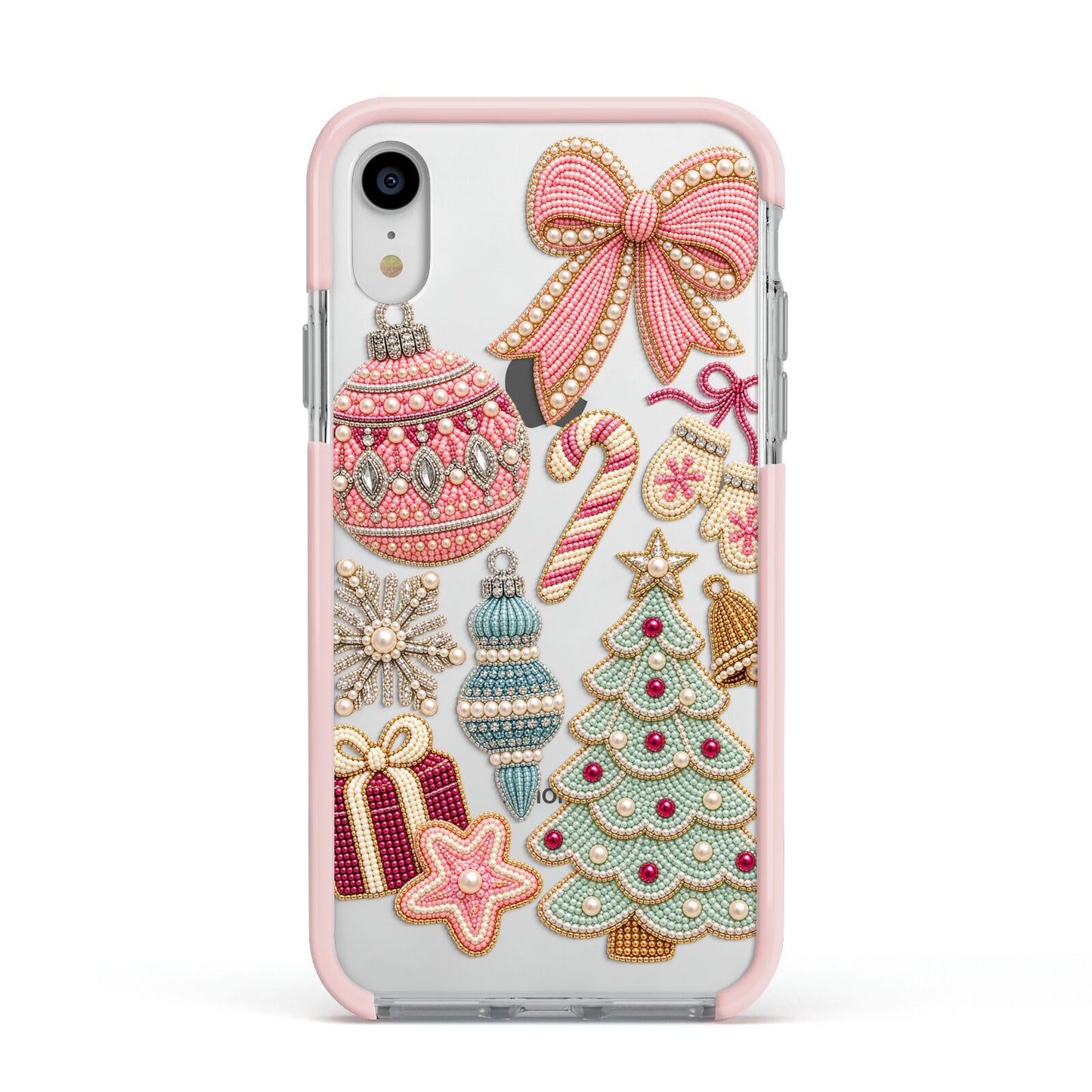 Sugarplum Christmas Charms Apple iPhone XR Impact Case Pink Edge on Silver Phone