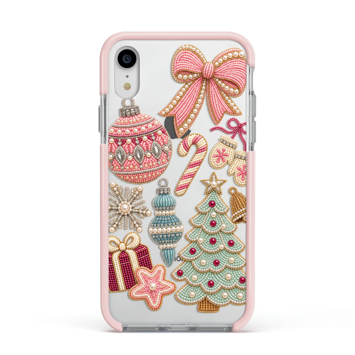 Sugarplum Christmas Charms Apple iPhone XR Impact Case Pink Edge on Silver Phone