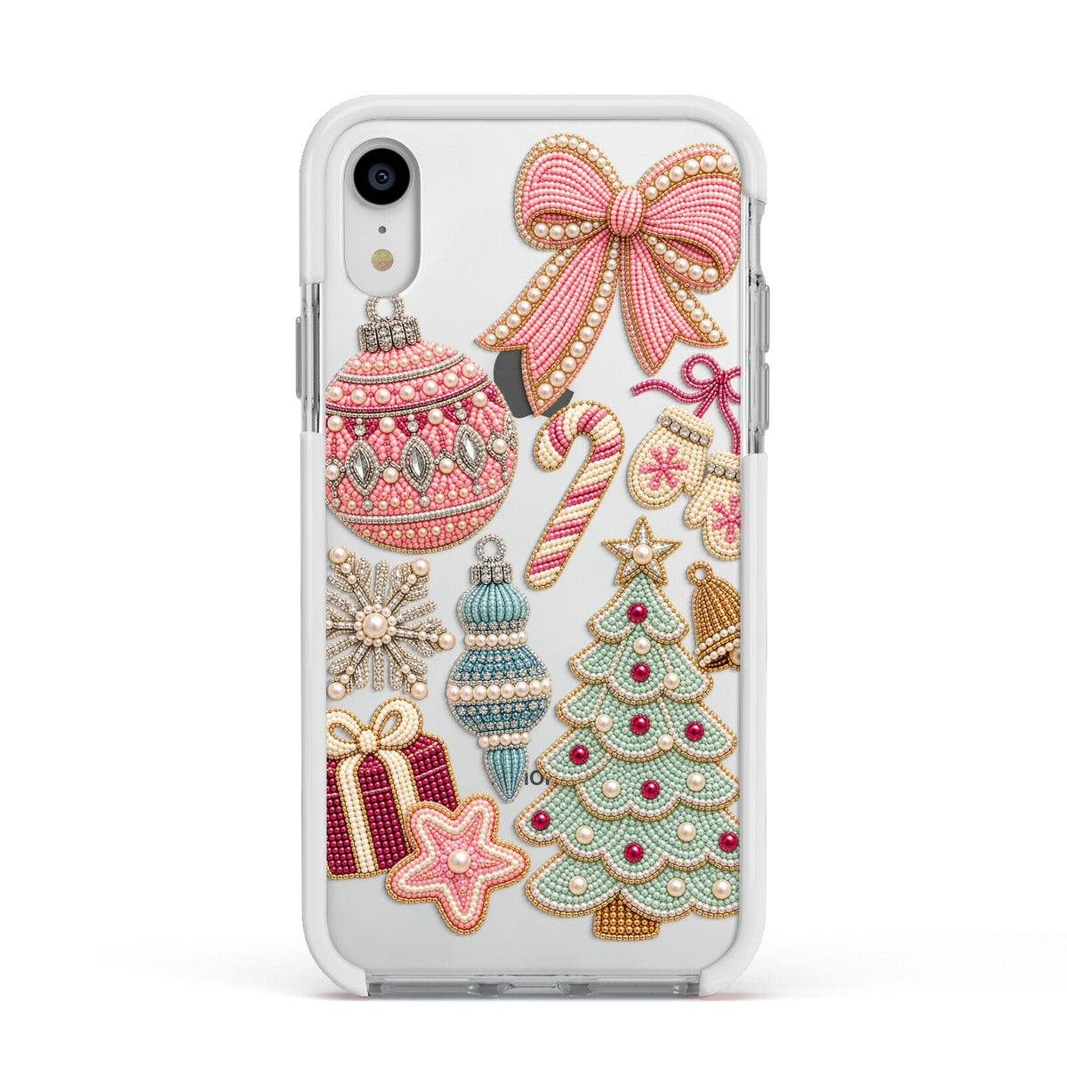 Sugarplum Christmas Charms Apple iPhone XR Impact Case White Edge on Silver Phone