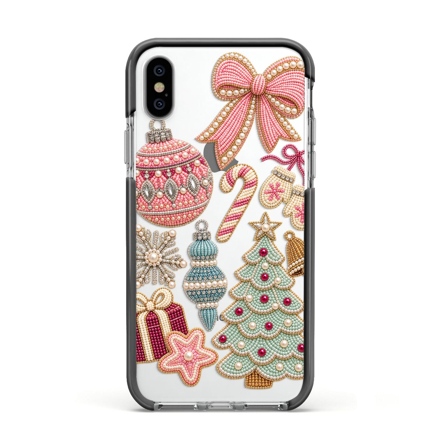 Sugarplum Christmas Charms Apple iPhone Xs Impact Case Black Edge on Silver Phone