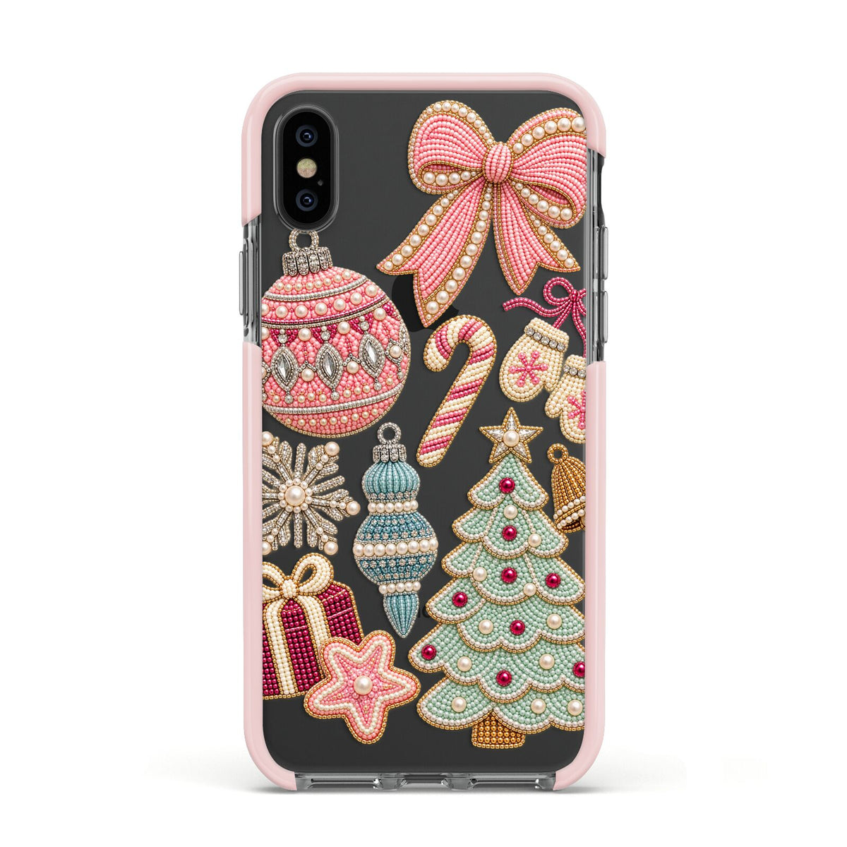 Sugarplum Christmas Charms Apple iPhone Xs Impact Case Pink Edge on Black Phone