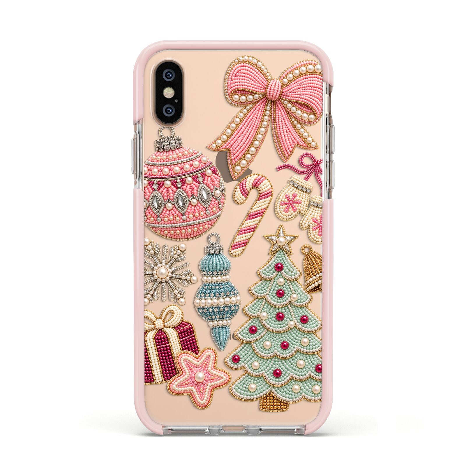 Sugarplum Christmas Charms Apple iPhone Xs Impact Case Pink Edge on Gold Phone
