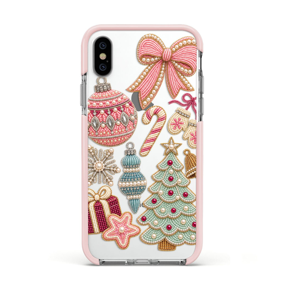 Sugarplum Christmas Charms Apple iPhone Xs Impact Case Pink Edge on Silver Phone