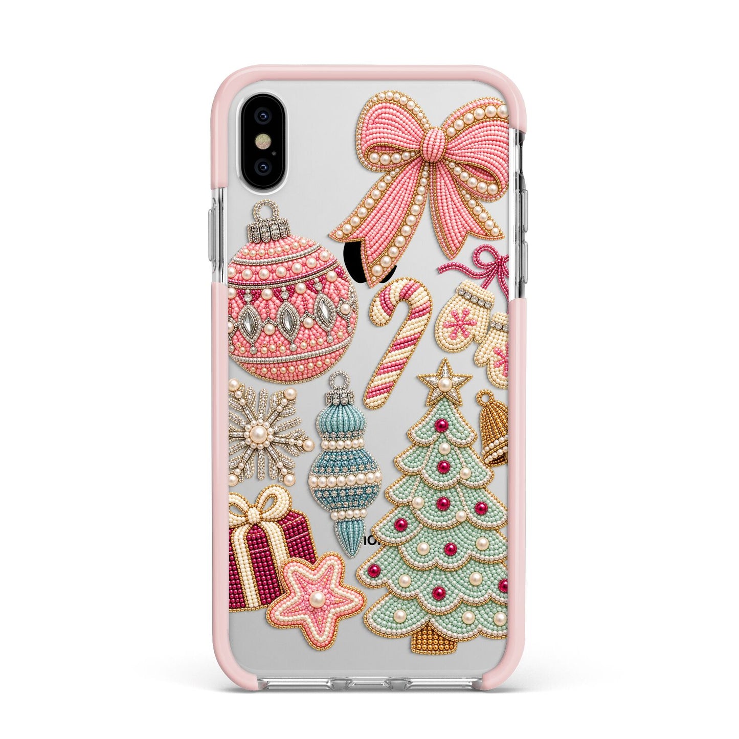 Sugarplum Christmas Charms Apple iPhone Xs Max Impact Case Pink Edge on Silver Phone