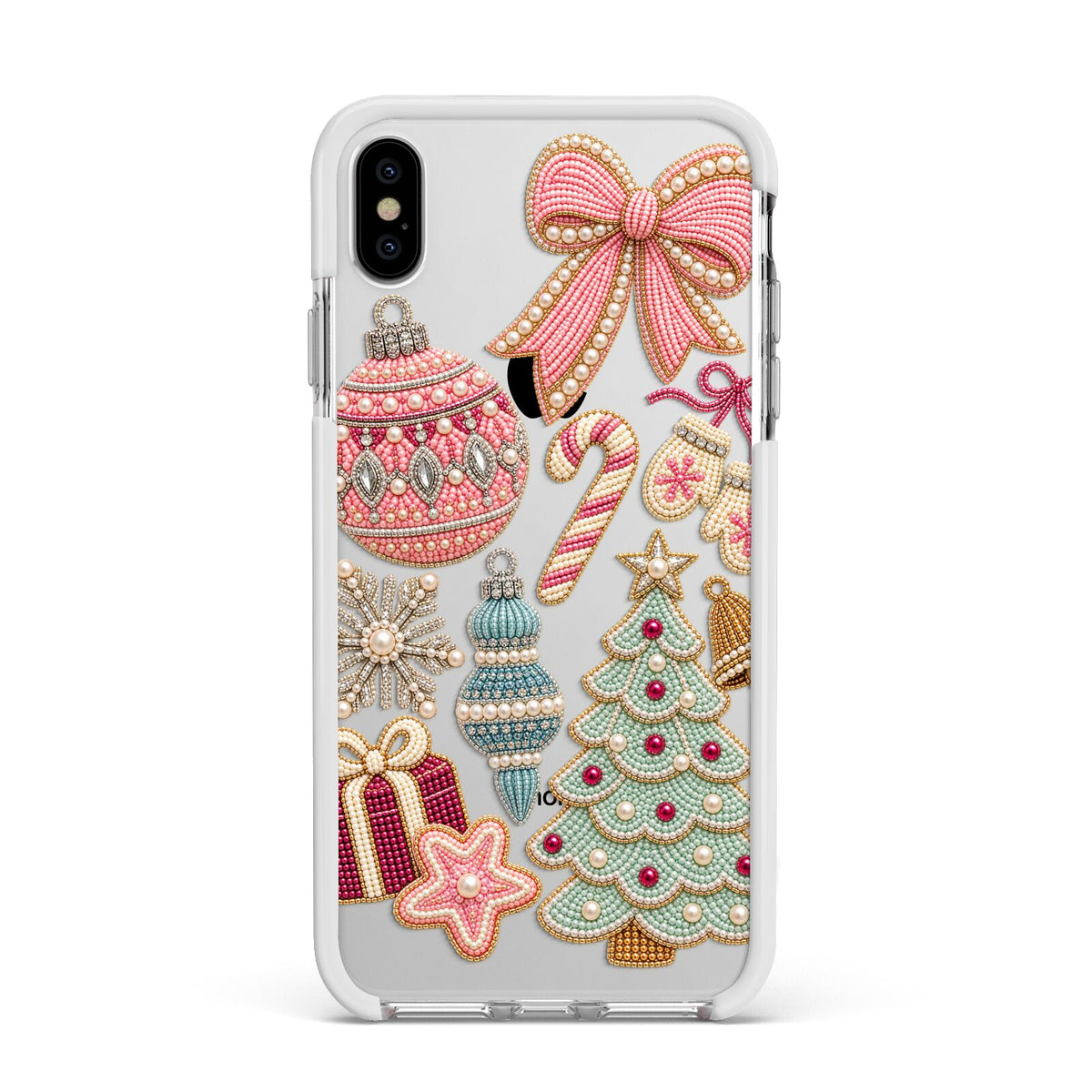 Sugarplum Christmas Charms Apple iPhone Xs Max Impact Case White Edge on Silver Phone