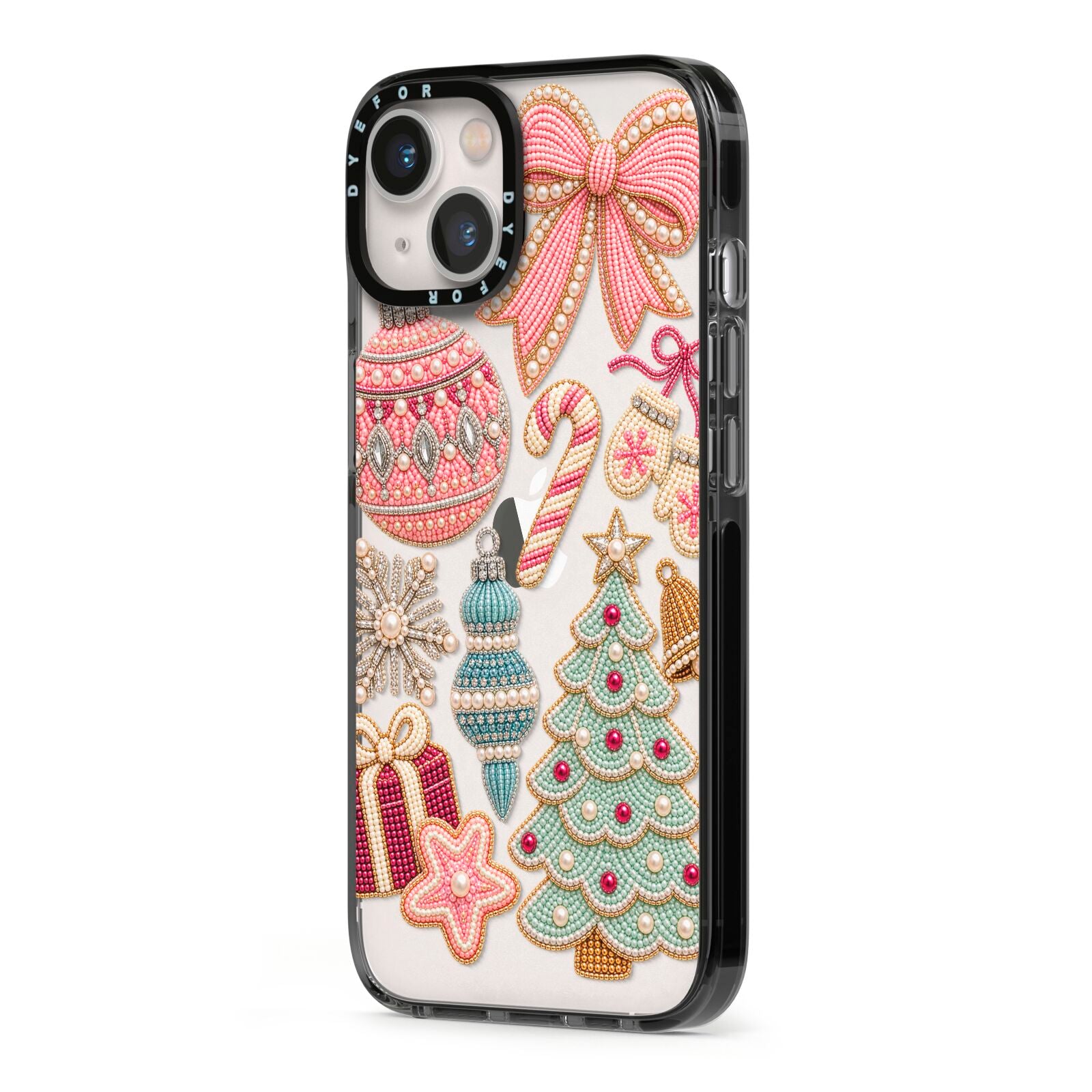 Sugarplum Christmas Charms iPhone 13 Black Impact Case Side Angle on Silver phone