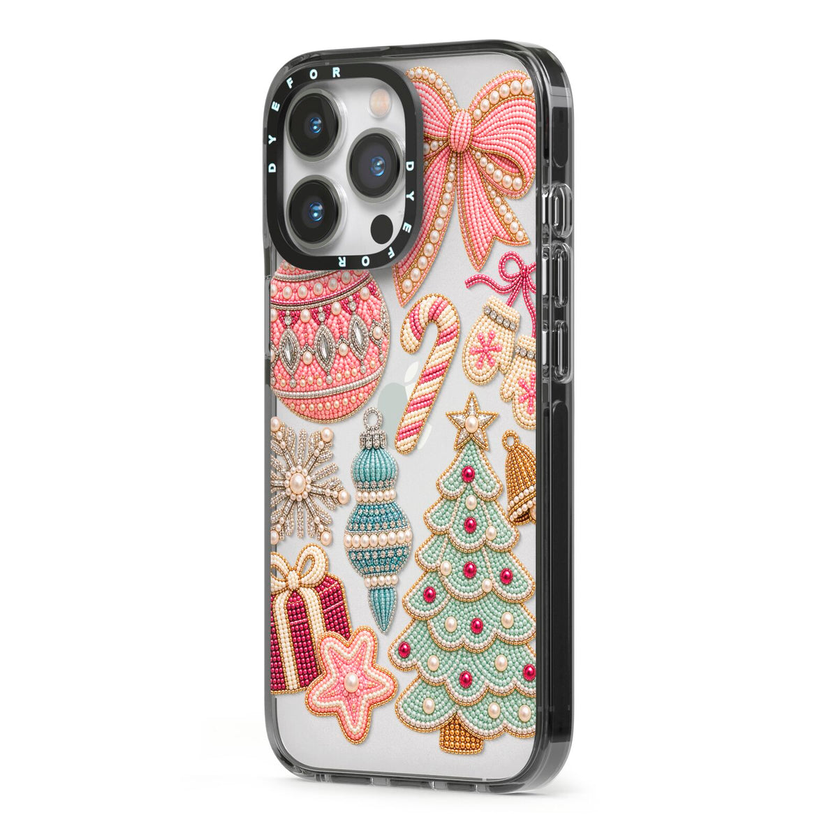 Sugarplum Christmas Charms iPhone 13 Pro Black Impact Case Side Angle on Silver phone