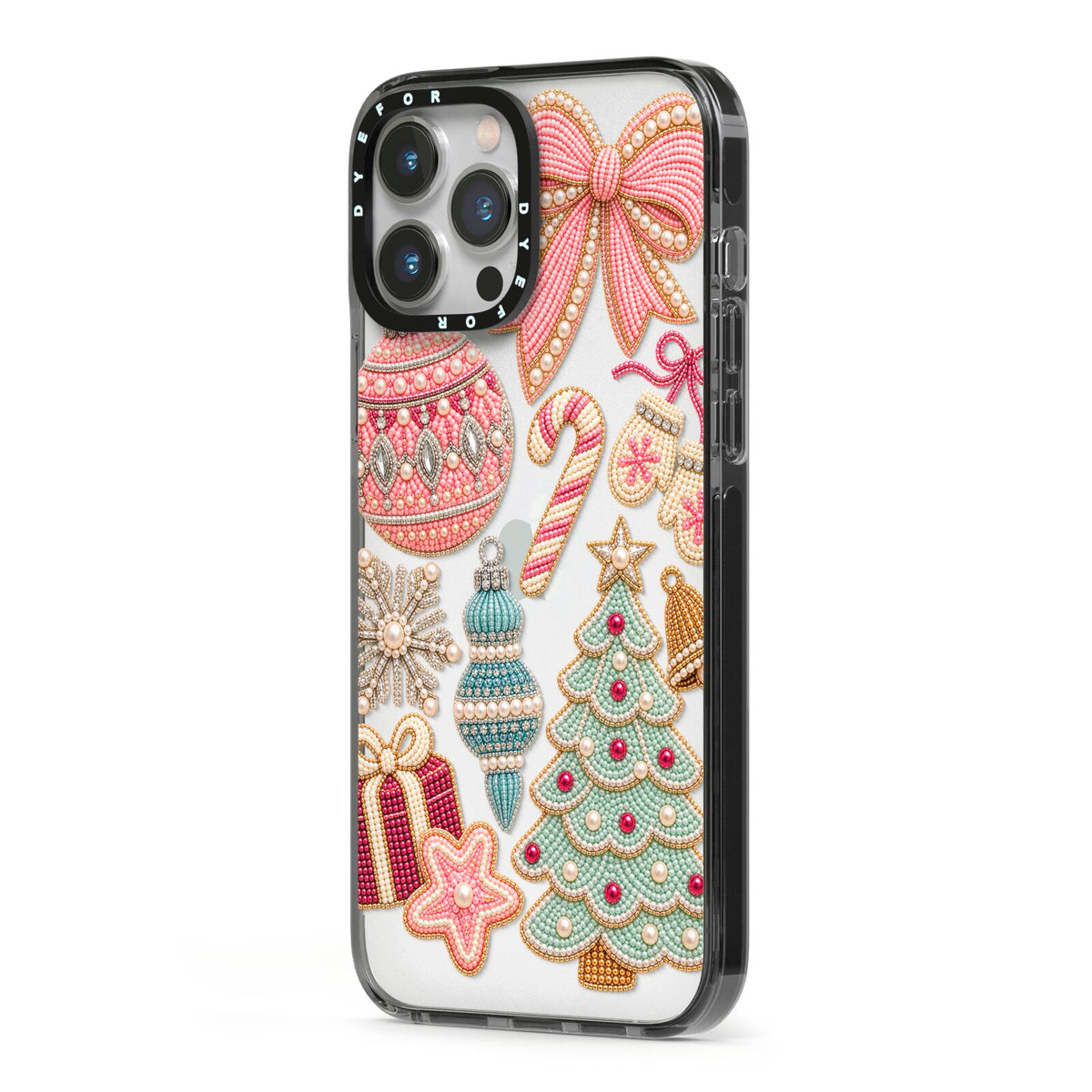 Sugarplum Christmas Charms iPhone 13 Pro Max Black Impact Case Side Angle on Silver phone