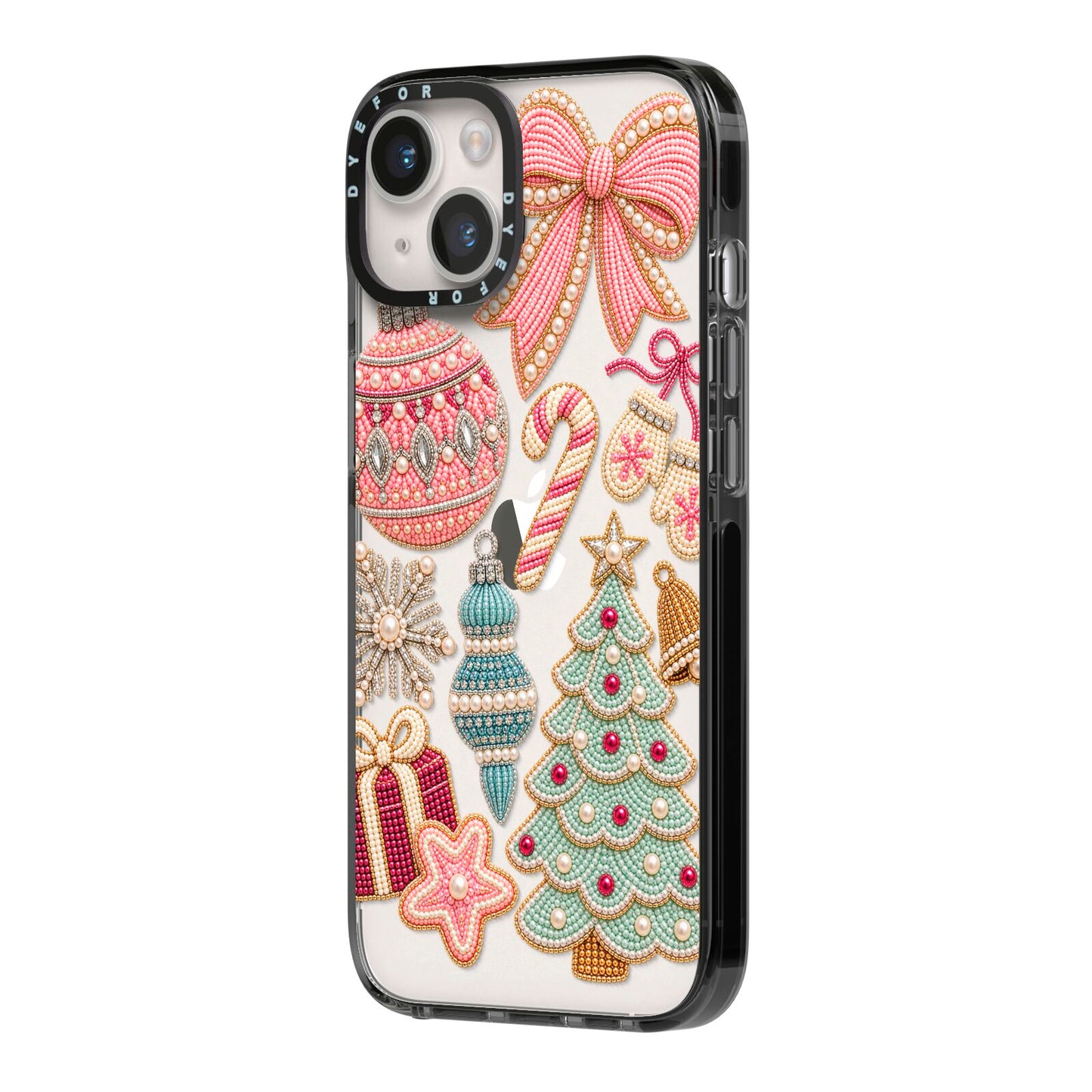 Sugarplum Christmas Charms iPhone 14 Black Impact Case Side Angle on Silver phone