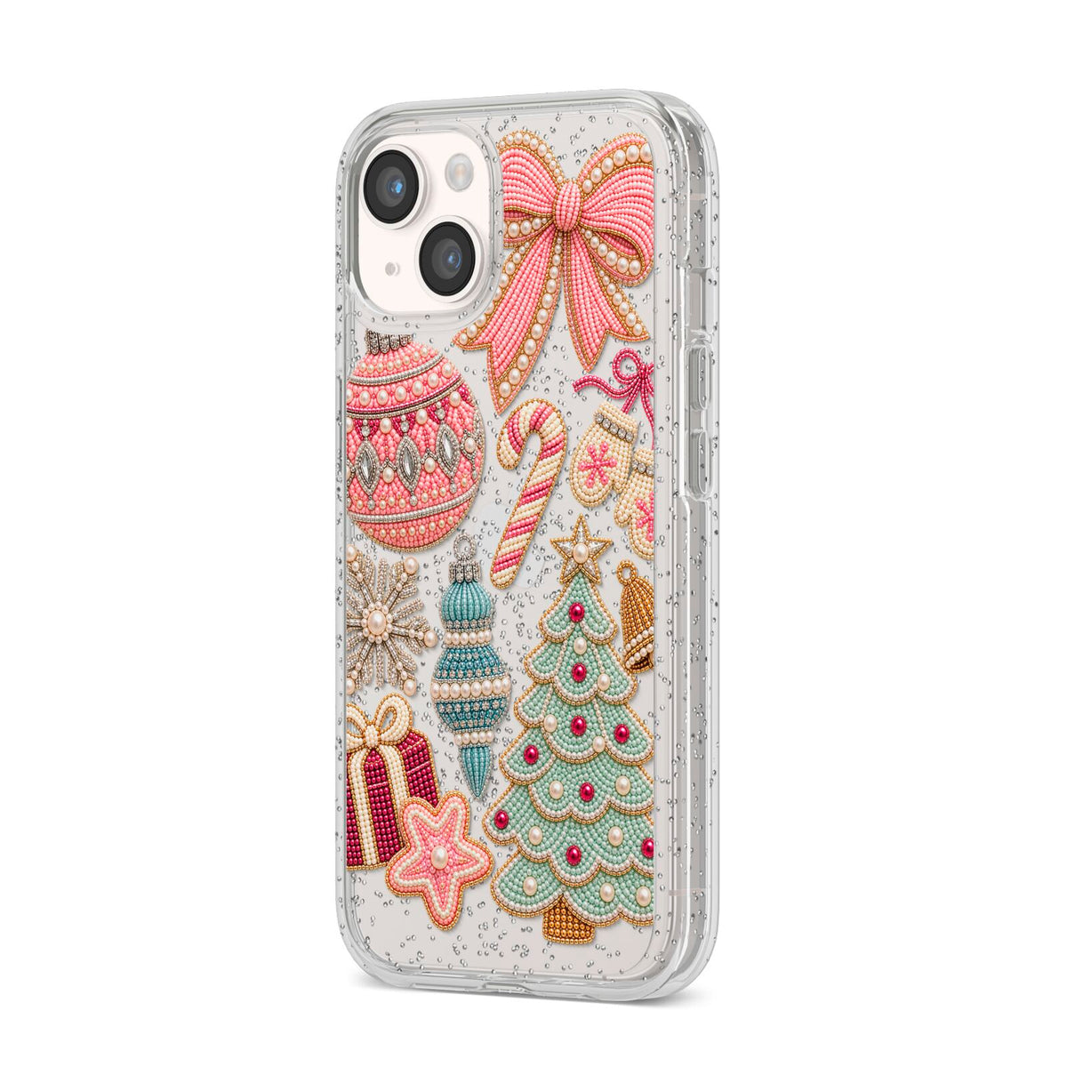 Sugarplum Christmas Charms iPhone 14 Glitter Tough Case Starlight Angled Image