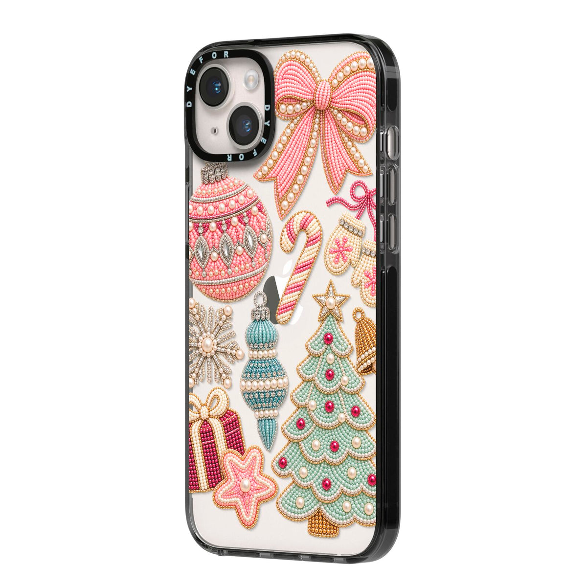 Sugarplum Christmas Charms iPhone 14 Plus Black Impact Case Side Angle on Silver phone
