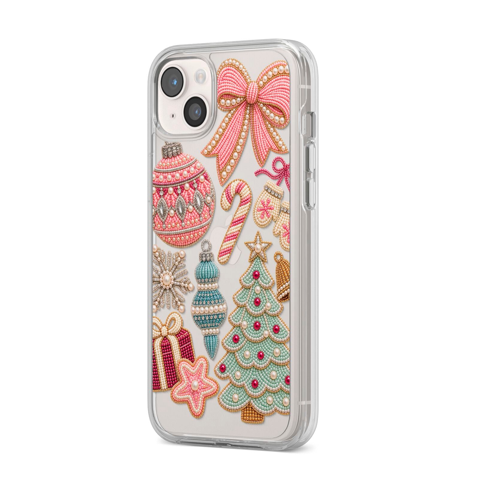 Sugarplum Christmas Charms iPhone 14 Plus Clear Tough Case Starlight Angled Image