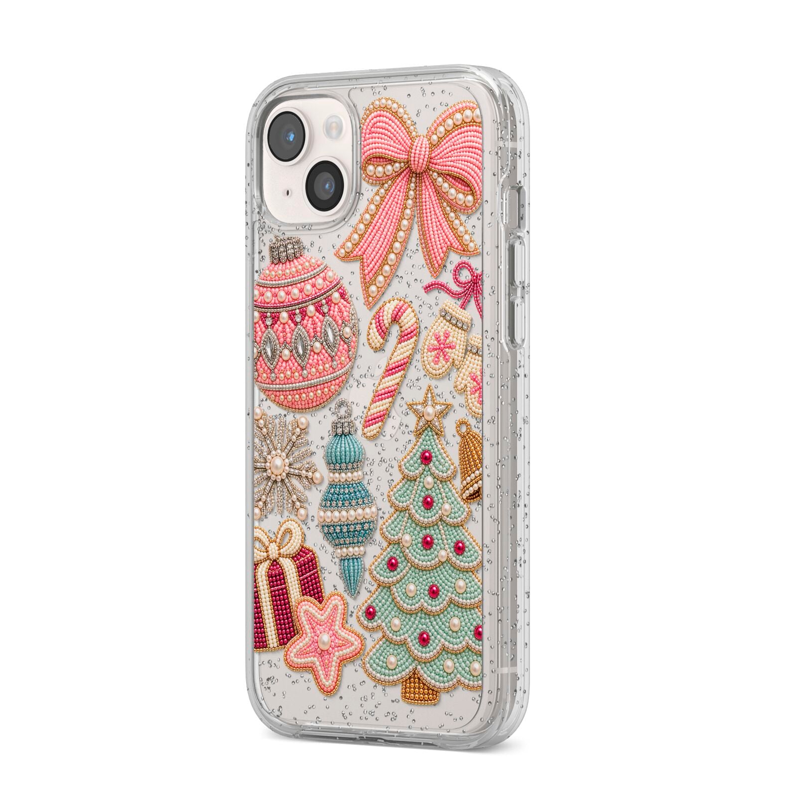 Sugarplum Christmas Charms iPhone 14 Plus Glitter Tough Case Starlight Angled Image