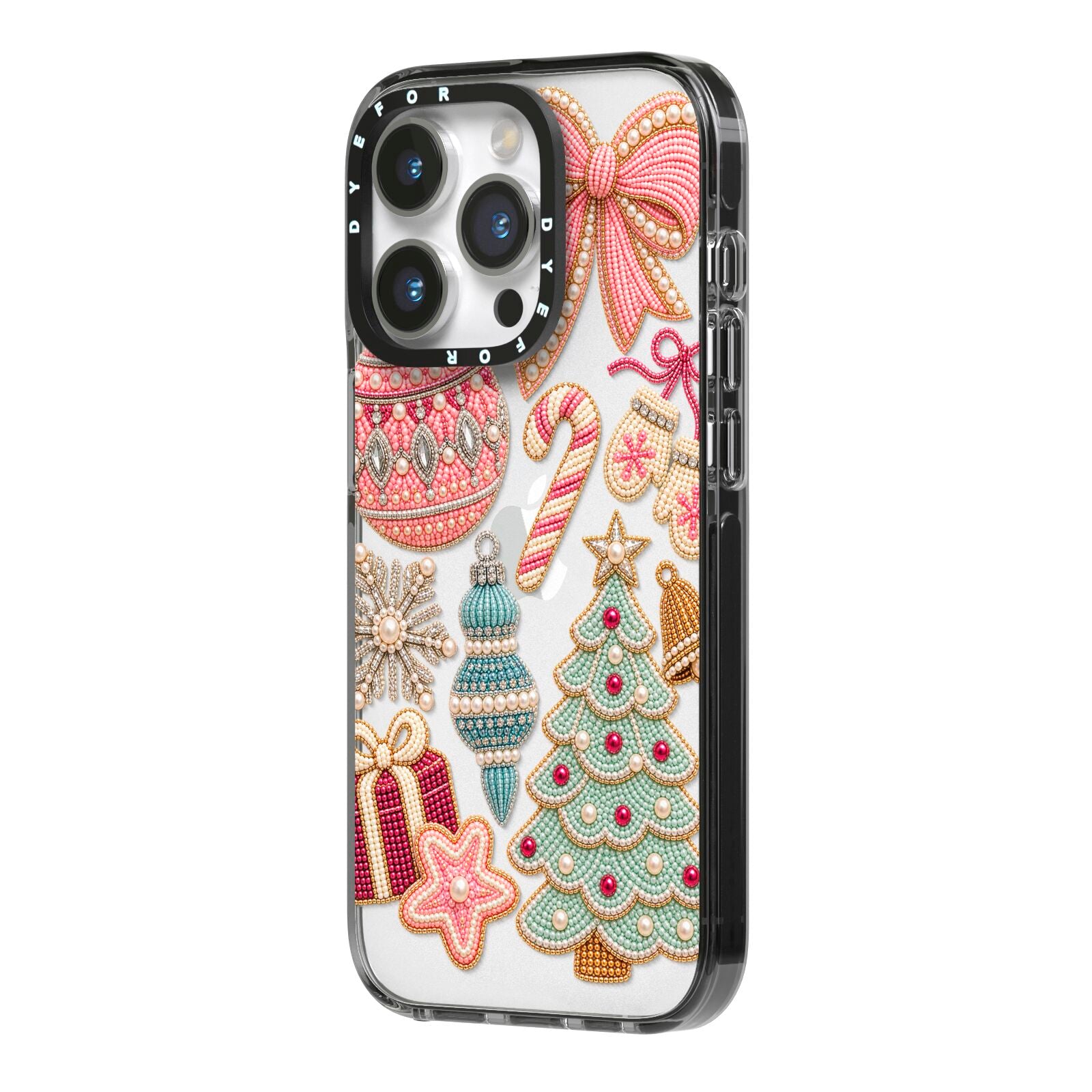 Sugarplum Christmas Charms iPhone 14 Pro Black Impact Case Side Angle on Silver phone