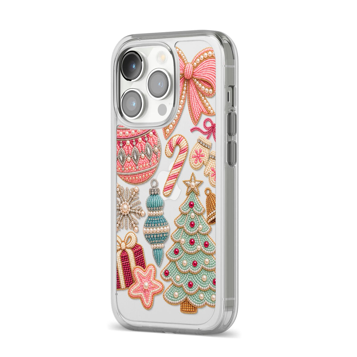 Sugarplum Christmas Charms iPhone 14 Pro Clear Tough Case Silver Angled Image
