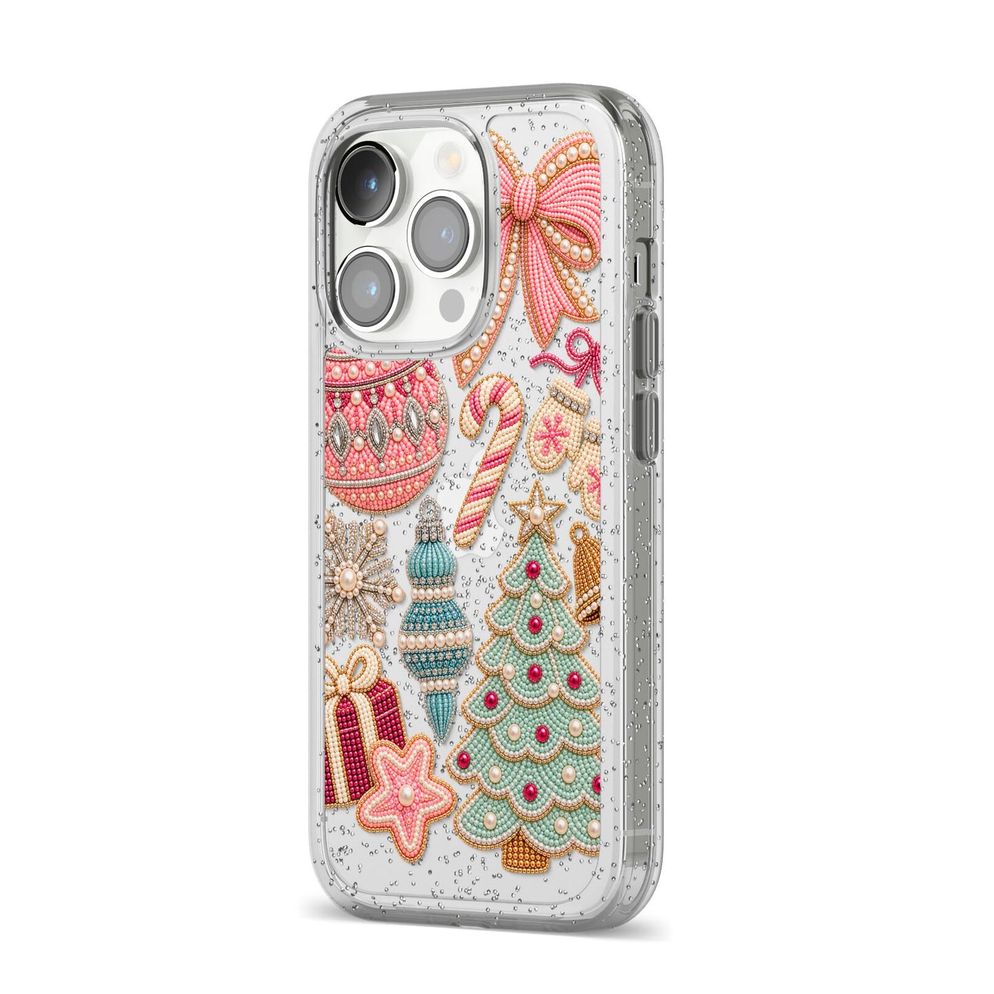 Sugarplum Christmas Charms iPhone 14 Pro Glitter Tough Case Silver Angled Image